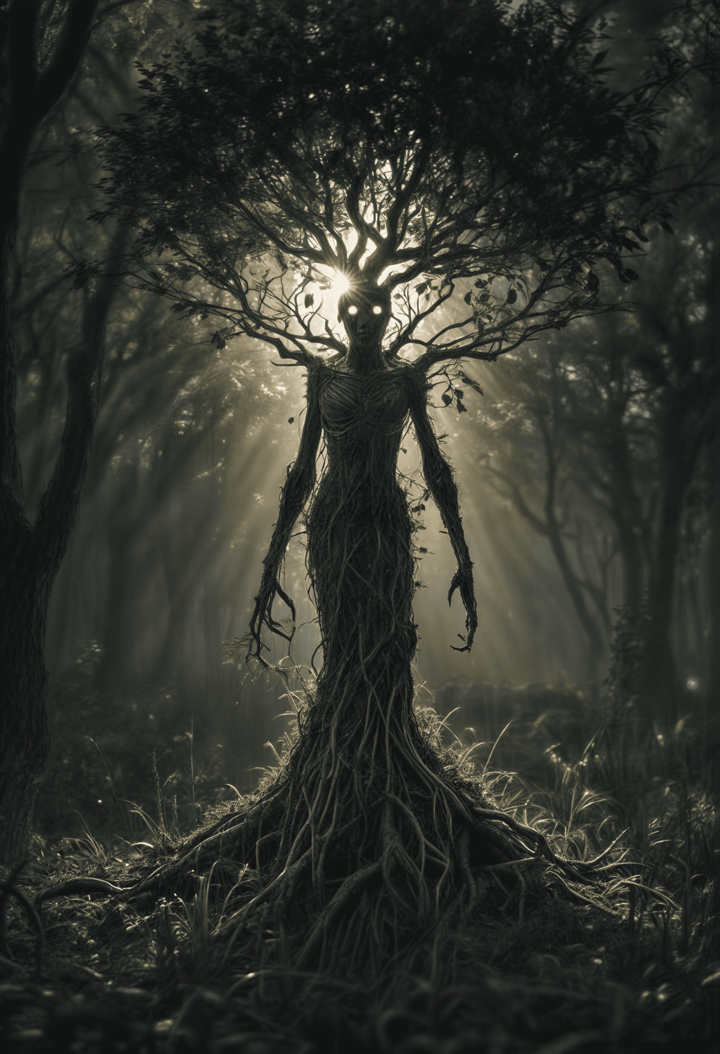 A creepy creature, half human half tree, sun is shining, plants, grass