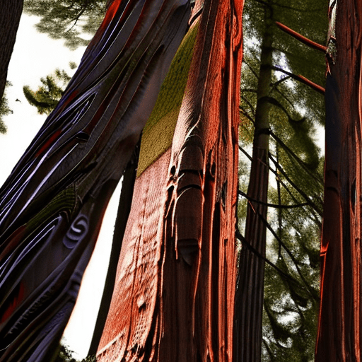 A treehouse in tokugawa shogunate era style, wrapping itself up and around a redwood tree, photography, hyperrealism, dusk, clear sky, serene, low angle, looking up from the base of the tree, deep depth of field, earth tones and red accents, curved and natural forms, traditional japanese patterns, wood and foliage, soft contrast, asymmetrical forms, tokugawa-era motifs, integration of tree and architecture, wood and natural materials, natural twilight, gentle light through foliage, redwood forest, wooden floors, wooden walls with sliding doors, exposed wooden beams, seamless blend with the tree, wood and foliage, harmonious blend of nature and architecture, slight wear for authenticity, redwood tree and surrounding forest, natural setting, base of the tree, forest, balanced