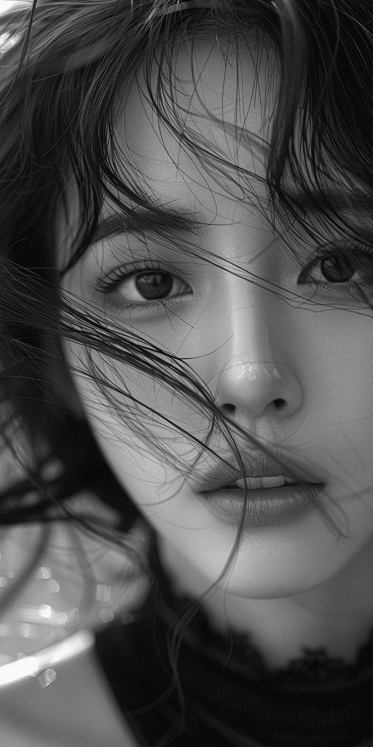 Beautiful korean woman with hair blowing in the wind, close-up shot of her face, high fashion photo shoot, black and white photography, high contrast, soft lighting, high resolution, hyper-realistic, super detailed in the style of a high fashion photographer --no freckles --ar 1:2 --stylize 750