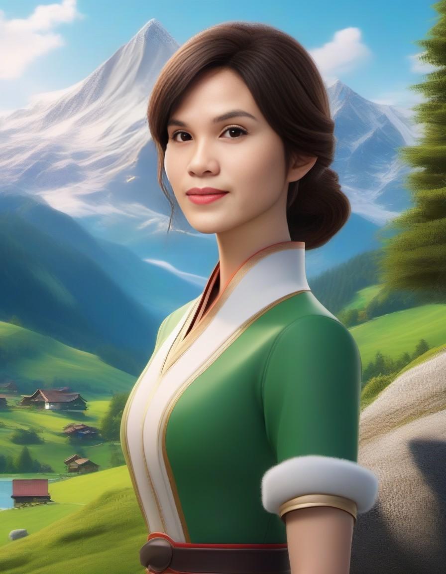 (create 3d illustration, anime, disney, pixar) produce images that capture the stunning landscape of the alps. Show off towering, snow-capped peaks, lush green meadows, and crystal-clear alpine lakes. Include quaint villages nestled in the valleys.