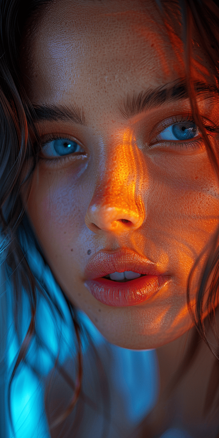 A hyperrealistic closeup of a model with stunning features, smooth skin, photorealistic, cinematic lighting, in the style of fashion photography, best quality, shot on a sony a7 iii --no freckles --ar 1:2 --stylize 750