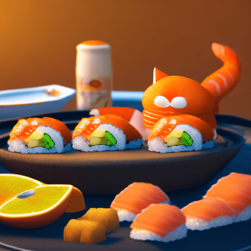 (fat orange cat) , eating sushi, thick coating style, highest quality, perfect masterpiece, perfect art, 8k, unreal engine 5, raytracing, overall tone bright, warm colors, cozy, comfy, hd, detail performance, c4d, 3d, octane rendering, ray tracing, complex details, animated lighting, ocrenderer, 8k,