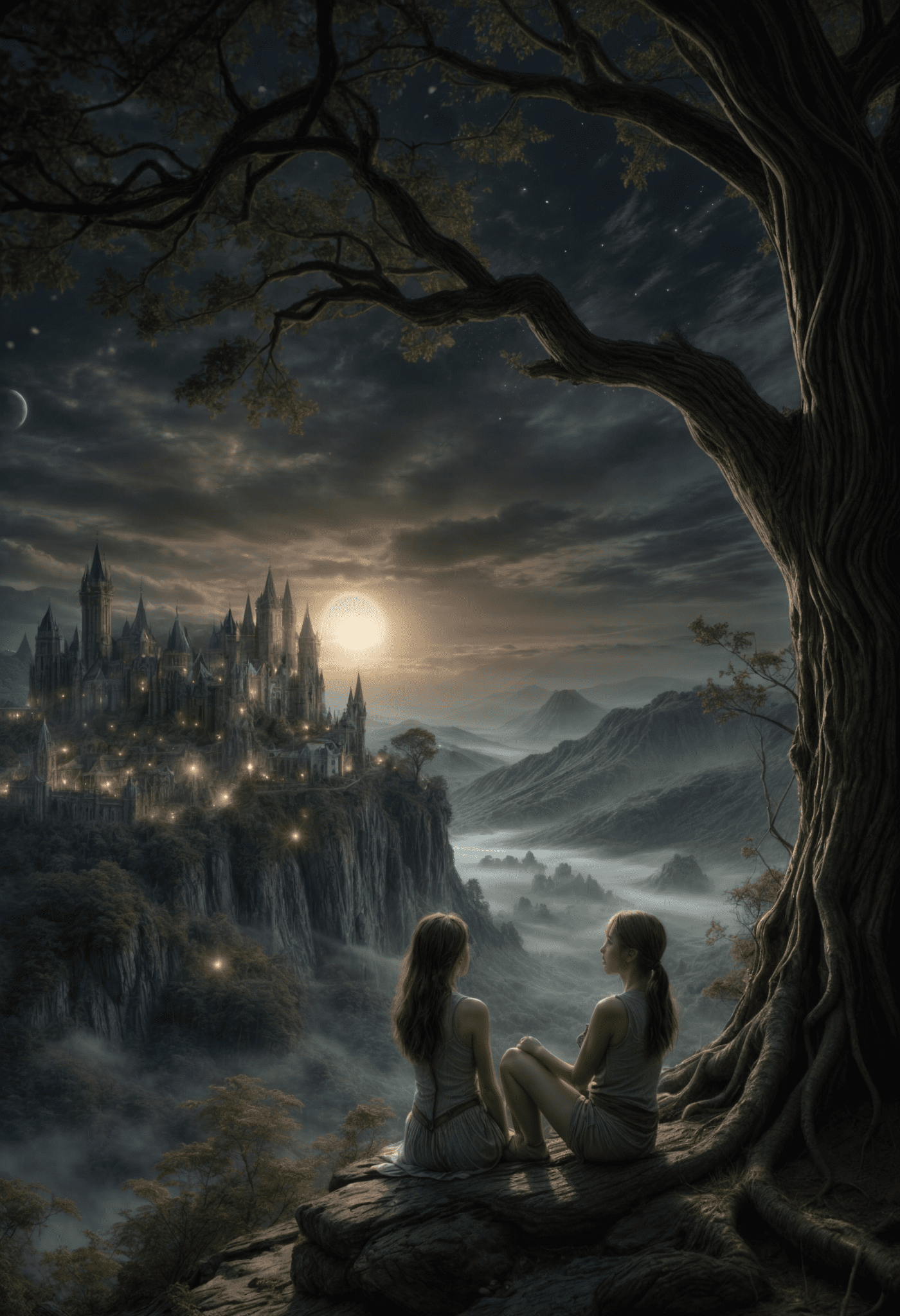 Fantasy world , dreams come true, surealism image of beautiful fantasy imagination, high detailed, 8 k , very high detailed, colourful misty , secrets of life, dynamic lights, jesper eijsing, fantasy princess is looking in a landscape, castle, very beautiful