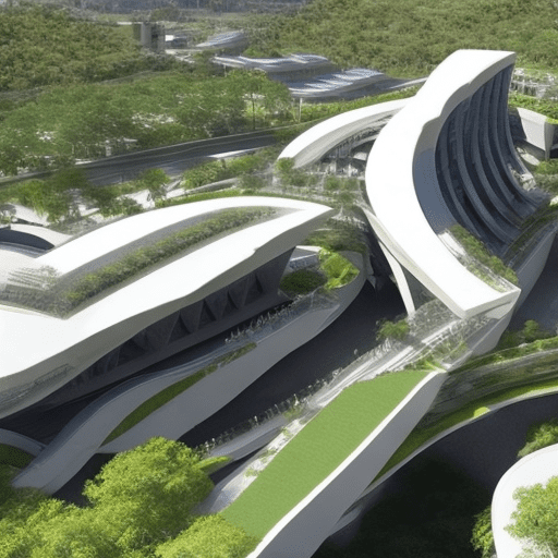 An architectural futuristic building complex with two big buildings on either side, a bridge connects their two terraces. The roofs and terraces are landscaped. The building should be 4 storeys high.