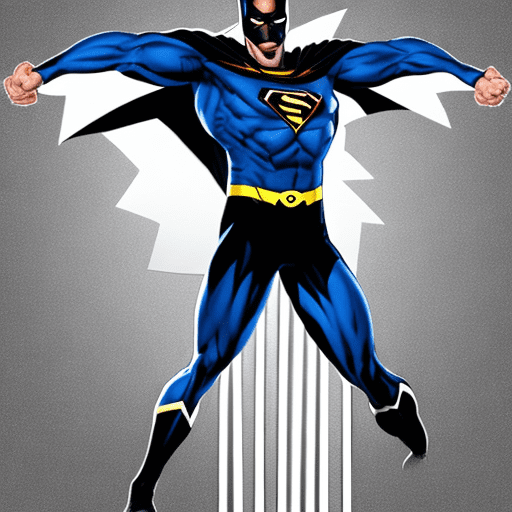Generate an image of a caucasian male superhero joyfully celebrating a triumph. He is attired in a sleek black costume featuring a prominent dna helix logo on the chest, symbolizing genetic strength and advancement. Enhance the superhero's look with a flowing black cape, adding a touch of dramatic flair to the overall composition. Equip the superhero with vibrant, phosphorescent blue glasses that emit a cool glow, contributing to a futuristic and dynamic aesthetic. The superhero has black hair and is captured in dynamic poses that showcase his confidence and achievement. Ensure the facial expression reflects joy and success. Craft a visually engaging background that complements the superhero's persona. The resulting image should radiate a victorious and contemporary superhero ambiance.