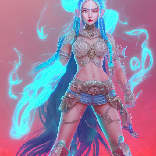 A casual jinx from serial arcane (beautiful fictional female character with two blue braids and pink eyes) extrame rage, berserk, screaming, charging her massive energy around her, injured, ripped clothes, serious mood, character design, body is adorned with glowing blue runes, turquoise and pink aura around her fire like, city in desert background , body dynamic epic action pose, in the style of futuristic, symetrical composition, blueshift,