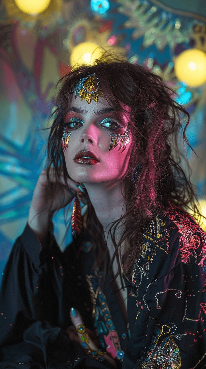 An eclectic 30 year old woman with vivid colourful makeup, posing, wearing bohemian clothing, contemporary, ultrarealistic, bokeh, rim lighting, in the style of victoria frances, full body shot,