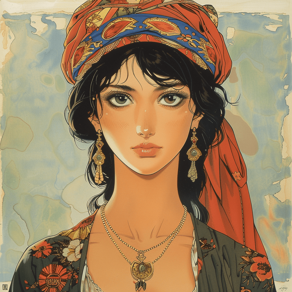 An ancient ottoman woman. Full portrait. Anime art by yutaka minowa, yoshiaki kawajiri. 1989 --v 6. 0