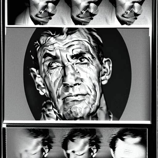 High contrast photorealistic black & white photo face of a striking and handsome older man in shadow, craggy, side lighting, photo by andy gotts on ilford pan f film