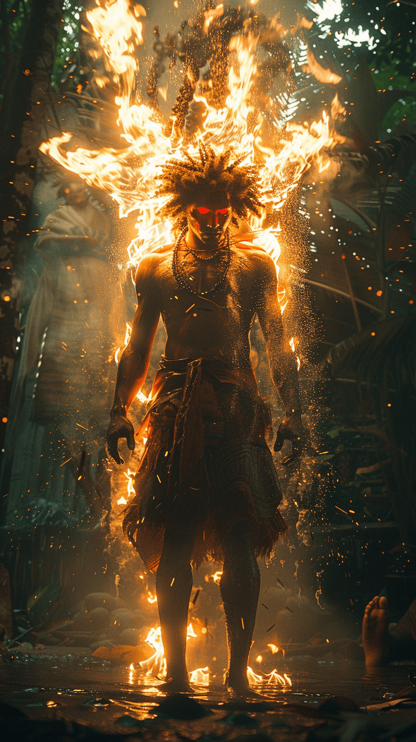 Razilian curupira folklore, super-detailed hypermaximalist cinematography, human person, fiery hair, feet have to be inverted backwards, red eyes similar to fire, on a giant background of the amazon rainforest in the background, standing pose, full body, intense lighting, graphic xbox series 360, 8k resolution --ar 9:16 --stylize 750