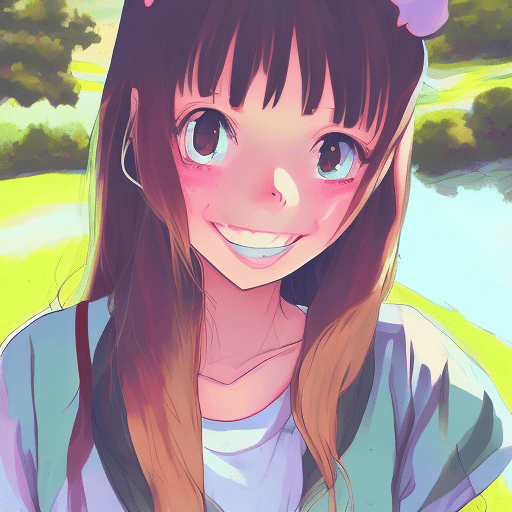 Cute portrait of a girl, age 20, smiling outdoors, large beautiful eyes, pastoral scenery, with style 90s anime, vhs effect, pixiv, manga, or artstation. Soft color palette, flat colors, cell shading, and ink lines. --ar 16:9 --niji 5 --style expressive --s 50