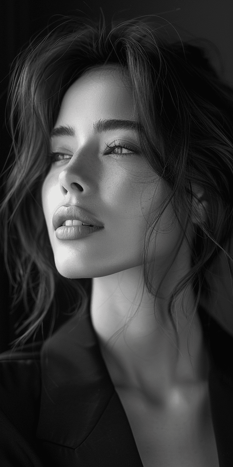 Photo of a beautiful woman, in the style of anne geddes, minimalist, black and white, shot on a sony a7 iii --no freckles --ar 1:2 --stylize 750