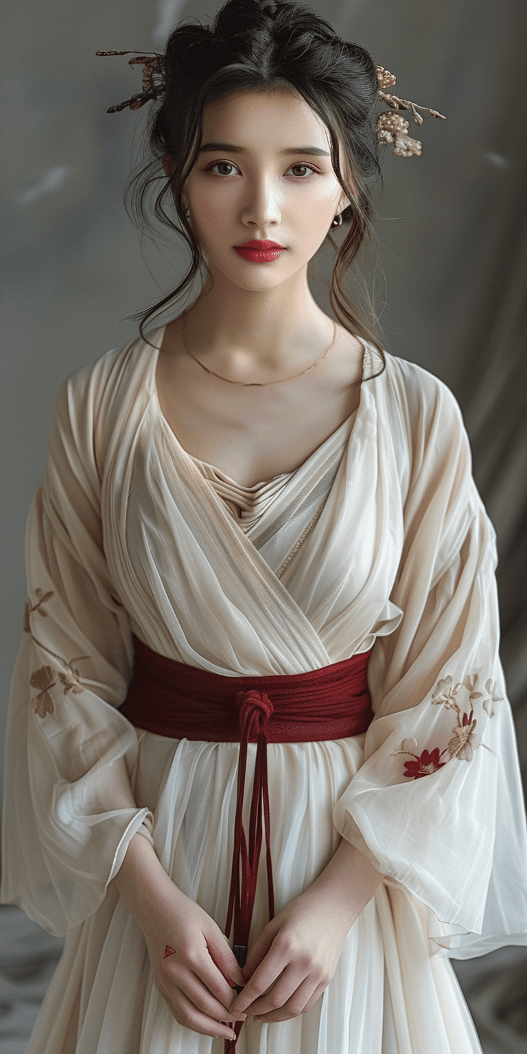 Chinese hanfu, a white long skirt with a red sash around the waist and short sleeves, worn by a chinese woman in a full-body photo, in the style of high-definition photography --ar 1:2 --stylize 750
