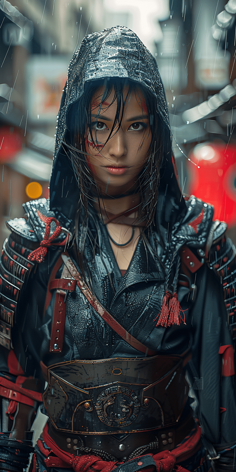 Aesthetic, photorealistic, full body japanese girl walking in the rain, at night, in old kyoto as background, fierce look, highly detailed wet face, slightly bloody face, black and red steampunk samurai armor with hood, expressive pose --ar 1:2 --stylize 750 --v 6. 0