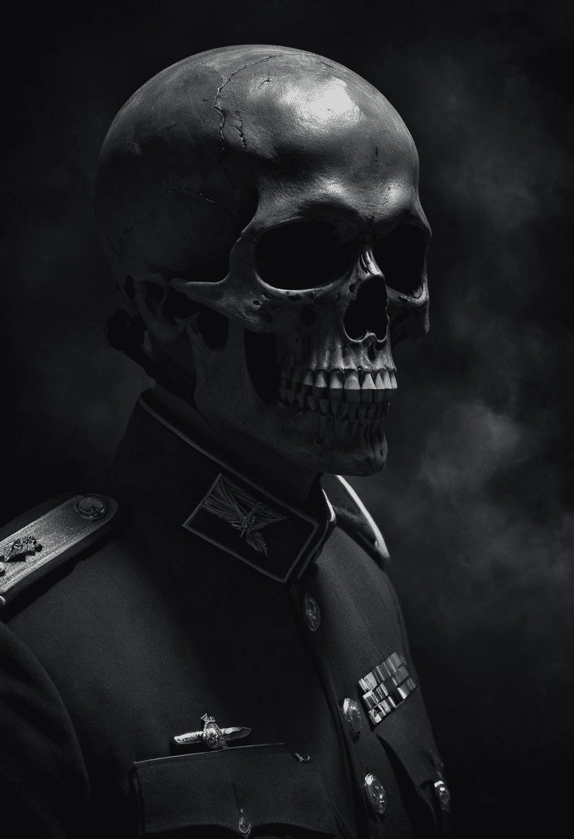A haunting, distant vista reveals a solitary dark figure shrouded in an ominous military uniform. The soldier's face is concealed behind a stark, jawless skull mask - its empty sockets and serrated teeth projecting an aura of deathly, macabre power. Only the silhouette of this grim, imposing specter is visible, devoid of distinguishing features save for the unsettling skull visage. The figure stands resolute and unwavering, radiating an overwhelming sense of grim determination and foreboding. The bleak, monochromatic palette of midnight blues and charcoal grays reinforces the soldier's ominous, foreboding presence, as if the very essence of death and decay has taken corporeal form on the distant horizon.