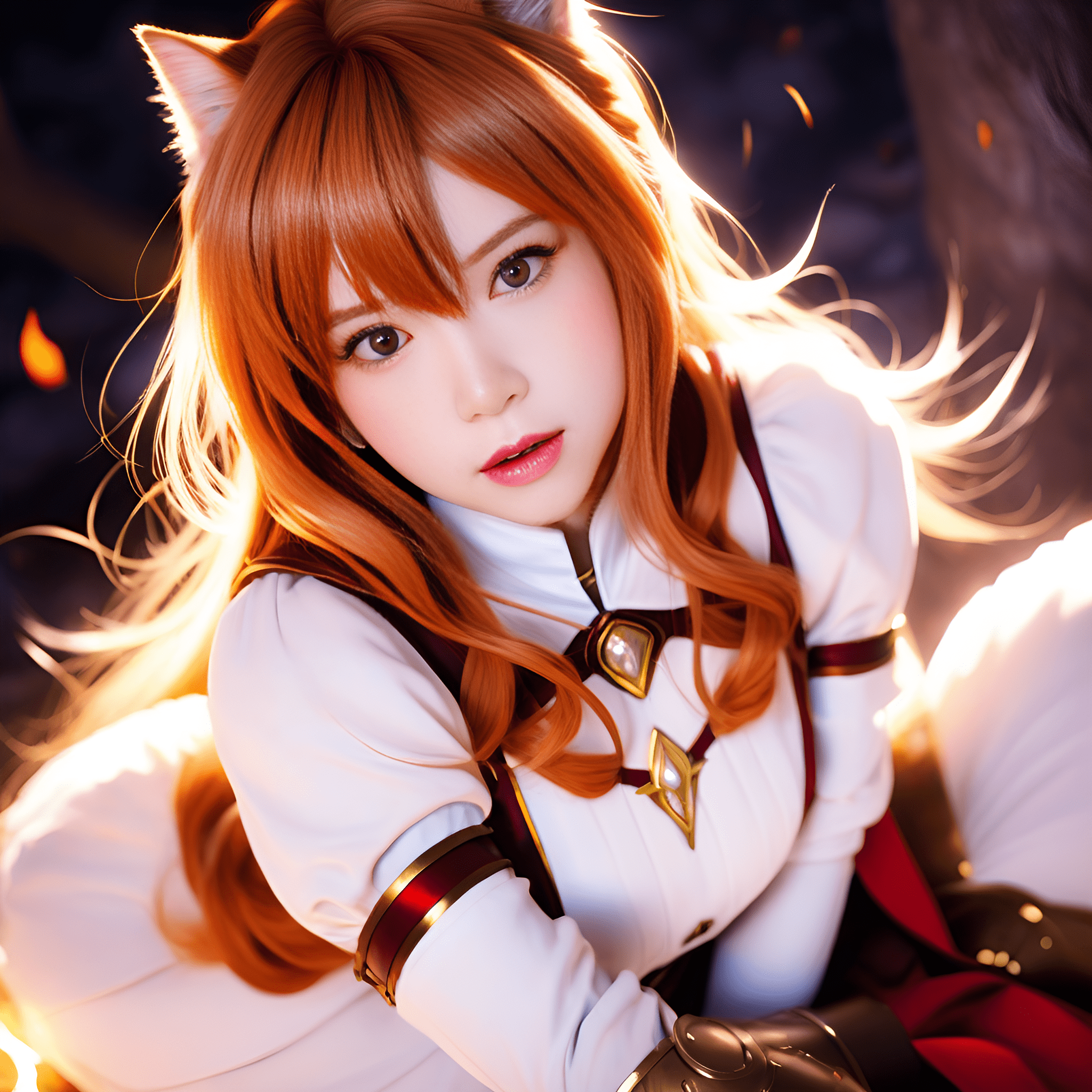 (best quality,ultra-detalhado) , centered, (realistic) raphtalia, (anime) , (retrato) , (vermelho e branco) , (clear lighting) , (armaduras e armas detalhadas) , (fierce expression) , (intensa cena de batalha) , (fantasia) , (olhos determinados) , (flowing hair) , (foco nítido) , (vivid colors) , (magic effects) , (heroic) , (epics) , (emocional) , (cativante) , (master part:1. 2)
