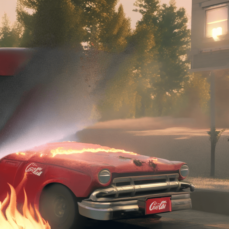 A coca-cola bottle spraying its contents onto a burning vehicle, putting out the flames, hyper-realistic, 4k, unreal engine