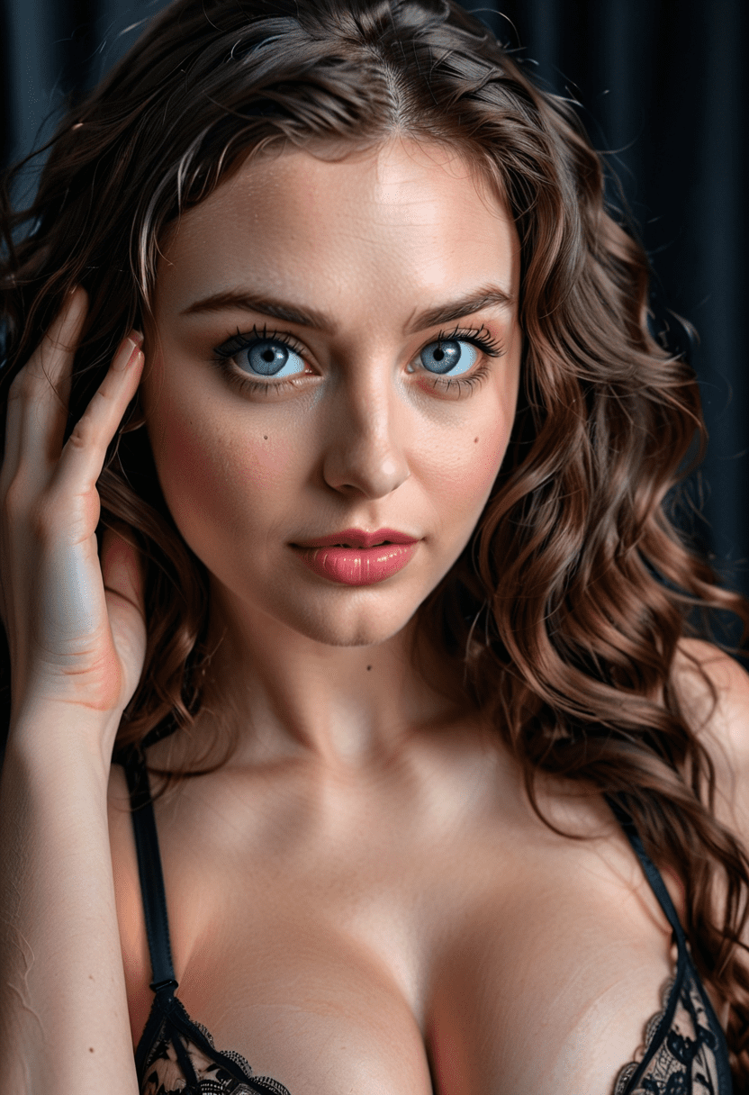 Close-up photograph of a 25 year old busty woman with long wavy brunette hair, (light-blue eyes:0. 7) , hand on her head, staring at the viewer with a slight smile, light makeup and glossy lipstick, highly detailed skin, black lace bra, bright studio lighting, dark background, hyperrealistic, detailed skin, hdr, uhd