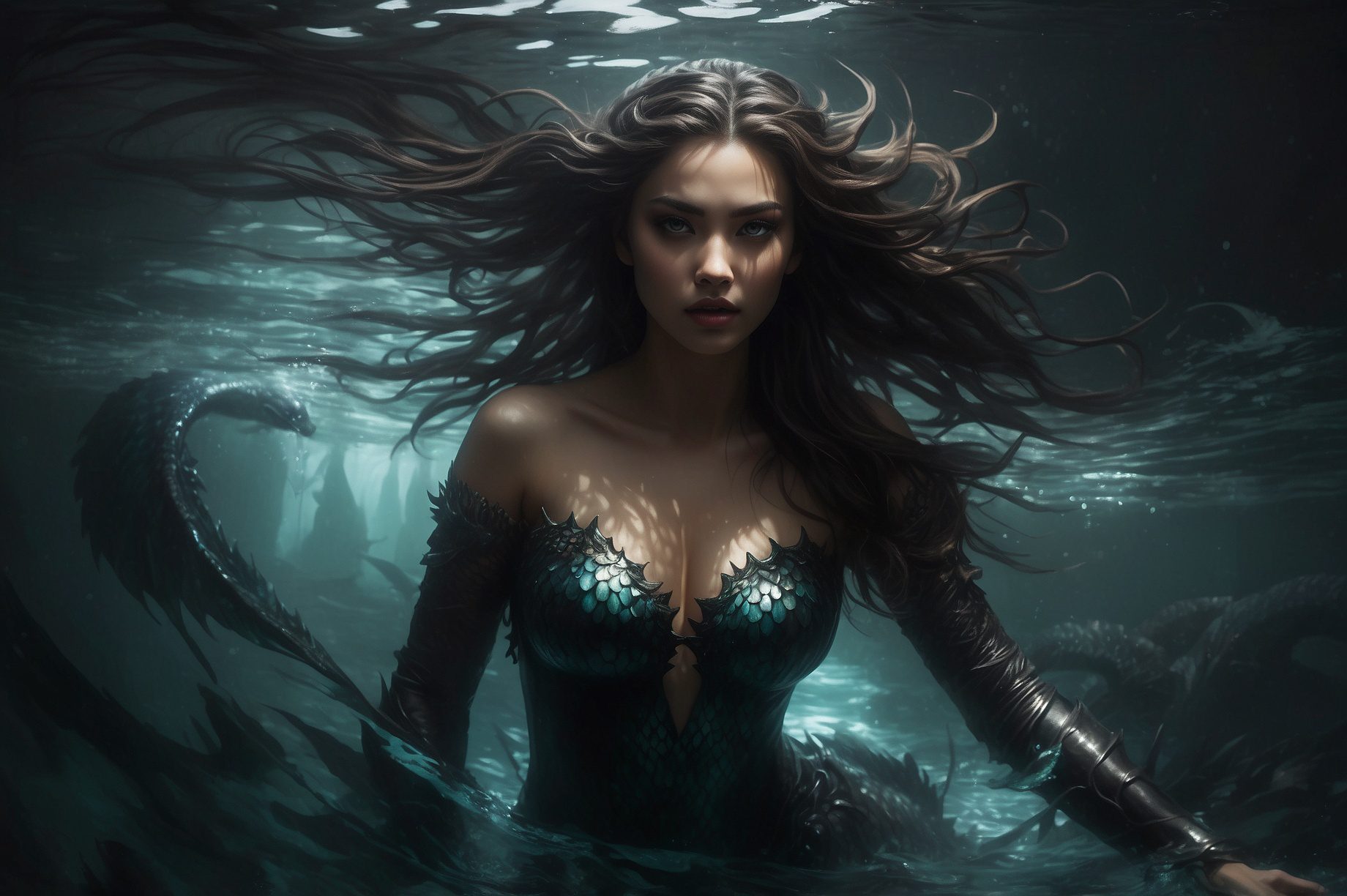 A relentlessly savage mermaid queen, each aspect pulsating with power amidst her predatory nature: razor-sharp teeth gleaming in the murky depths, sinuous tail slicing through the water with lethal grace, and mesmerizing, predatory gaze fixated on her prey. The once-glistening scales are now enveloped in shadows, hinting at the darkness within her. This striking image, presented as a hyper-realistic painting, seamlessly blends ferocity with elegance, immersing viewers in the chilling narrative of a predator dominating the oceanic realm.