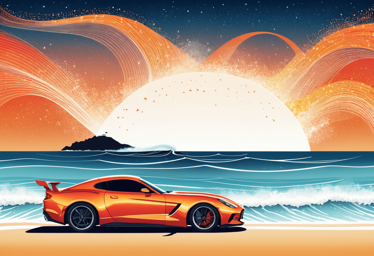 Surrealism art by tang yau hoong and (artgerm:1. 2) , drawing, stylized, medium shot of a (fast car speeding speeding on the beach, waves, sea, bluesky, highest quality, masterpiece, intricate details:1. 1