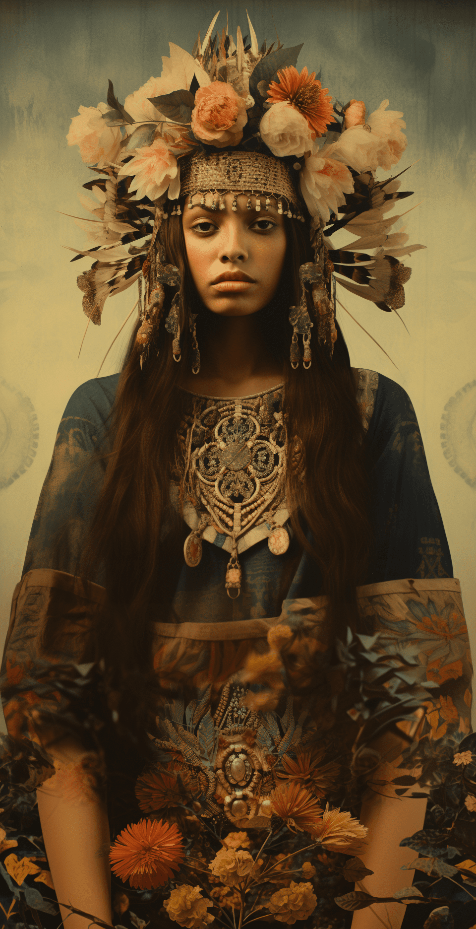 A woman in the style of "karencore", wearing an ornate headdress, holding wildflowers and dressed in tribal garb, with an earth tone background, vintage screen print look, collage art, mixed media collage, 35mm photography, vintage film poster. --ar 99:128 --s 250 --v 5. 2