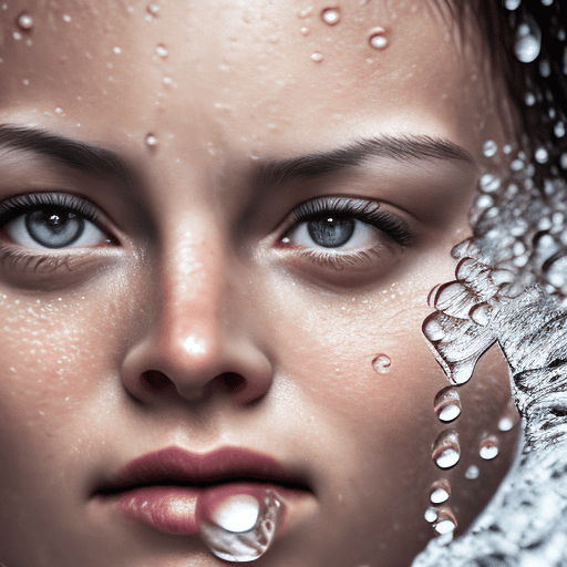 An extreme close-up shot of water droplets falling on a woman's face, realistic detail, sharp focus, shiny eyes, shot with an 85mm leica lens, f4. 6, ultra realistic concept photography, award winning portrait inspired by ákos major.