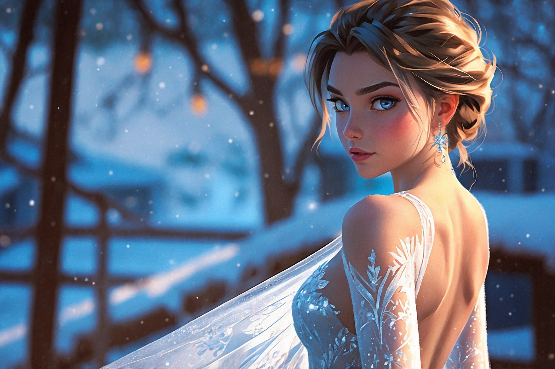 (real female in elsa outfit) , white dress winter background, (((full body visible) )), looking at viewer, portrait, photography, detailed skin, realistic, photo-realistic, 8k, highly detailed, full length frame, high detail raw color art, piercing, diffused soft lighting, shallow depth of field, sharp focus, hyperrealism, cinematic lighting