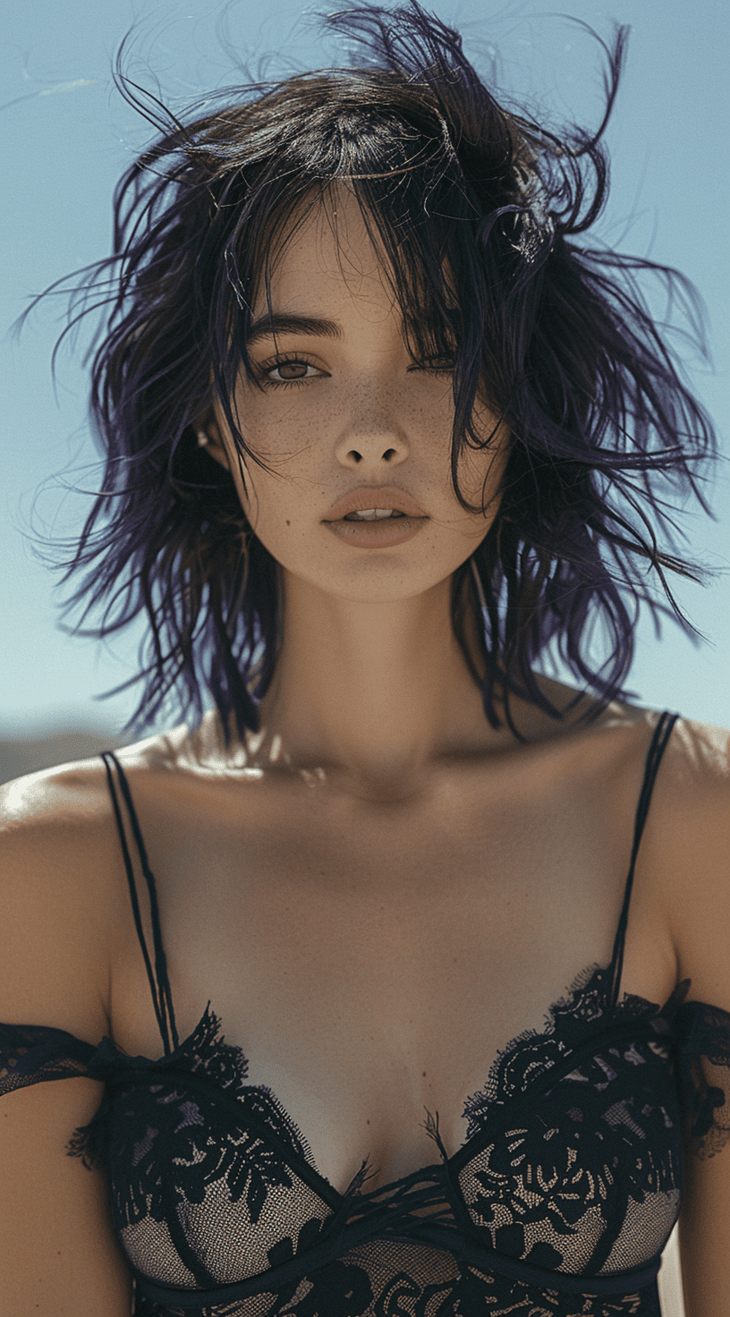 A photo of the most beautiful woman with purple hair, black and white lace top outfit, desert background, wind in her dark curly bob style hair, glossy skin, glossy lips, messy pose --ar 71:128 --stylize 750