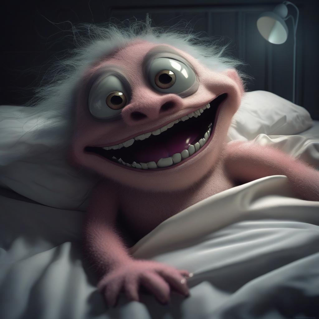 A monster chilling in your bedroom at night, in the style of frank oz and jim henson, quirky characters, playful cartoons, hyper-realistic atmosphere, carpetpunk, gritty reportage, soft, dreamy scenes, punctuated caricature, white and crimson, rendered in maya, photo, digital art, fantasy