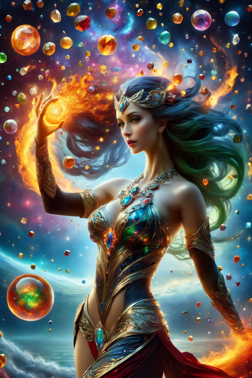 Fantasy photo, high resolution and high detail, hyper-realistic details, full body shot, beautiful goddess of galaxy standing, finely detailed eyes, long flowing hair to her waist, green eyes, a necklace of precious stones, she holds fire in each hand, background dark starry sky with bright colors, mythsxl,