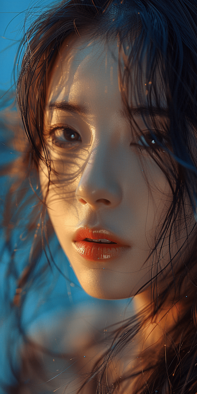 A beautiful korean woman with long hair, very detailed closeup of her face and lips, in an ethereal style, featuring shadows, warm tones, a hazy background, blue backdrop, cinematic atmosphere, photorealistic, hyperrealistic, cinematic composition, extremely high resolution, sharp focus --ar 1:2 --stylize 750