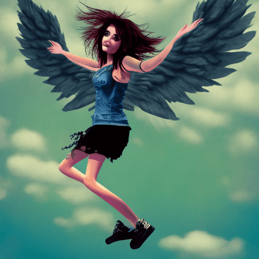 Punk rock girl floating in the sky with angel wings