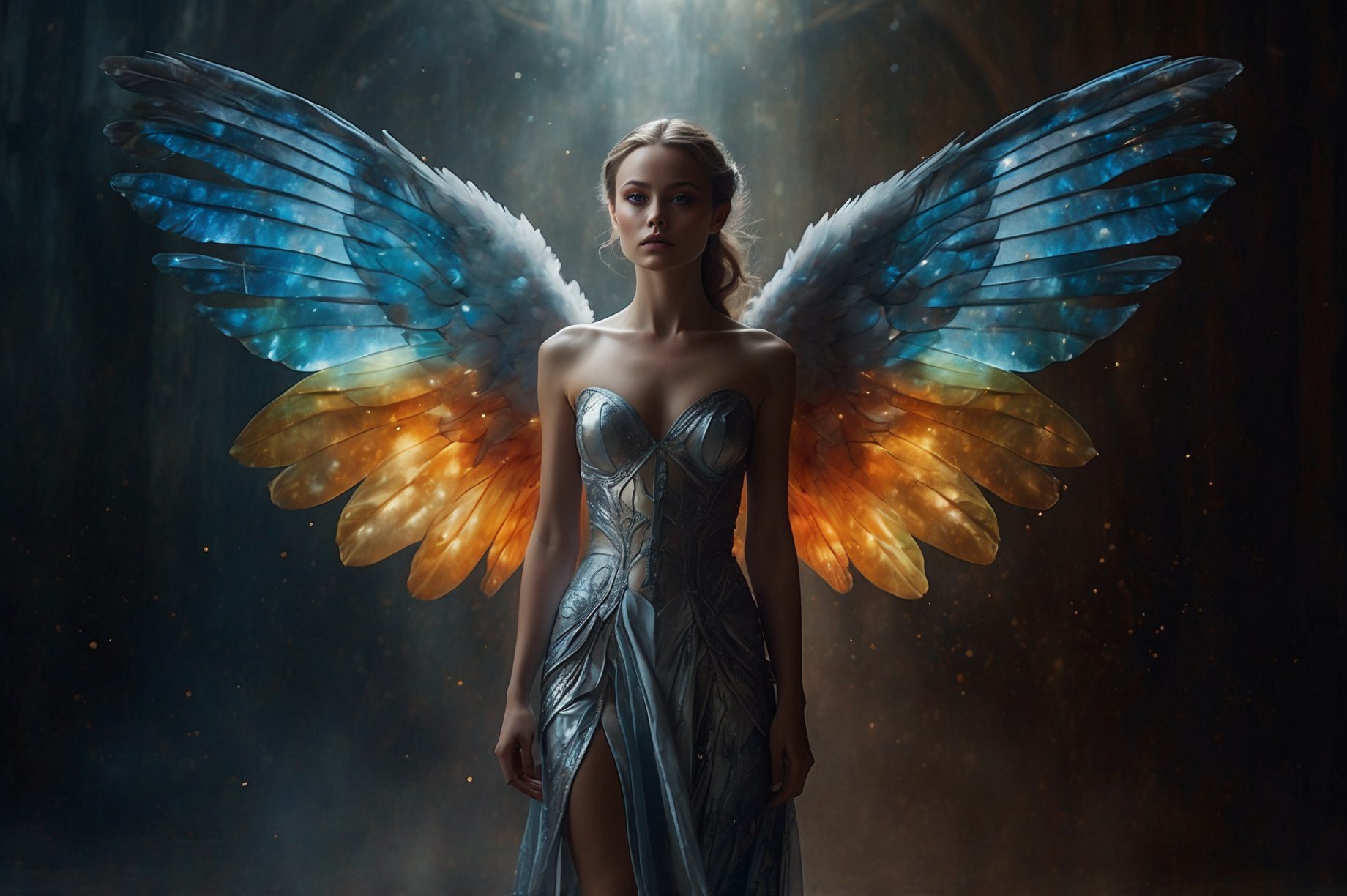 An otherworldly figure drifts amidst swirling cosmic clouds, a vogue-worthy astral projection captured in a stunningly vivid photograph. The main subject is a female being with shimmering silver skin and translucent wings, radiating an ethereal glow. The image is expertly composed, with sharp contrast and vibrant colors that pop off the page. Every detail is meticulously rendered, from the intricate patterns on the wings to the subtle gleam in the figure's eyes. This composite cinematic photograph is a mesmerizing blend of fantasy and high fashion.