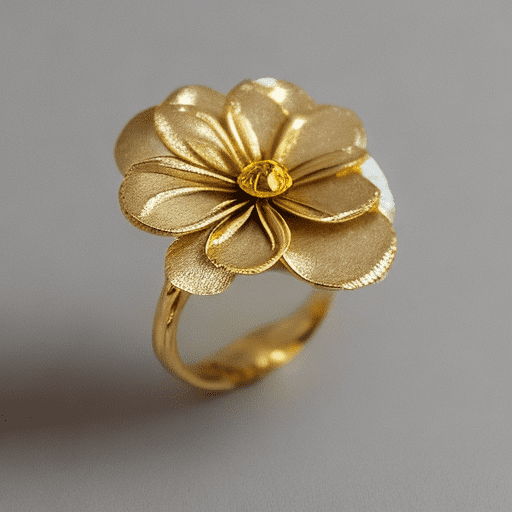 Create a handcrafted ring with a detailed floral design. Style3d in 18k yellow gold. Its design is composed of two prominent flowers with five wide, curved and irregular petals that mimic a natural flower, with soft edges and organic curvature, smooth, smooth and polished surface. The center of each flower has details that simulate stamens. The stamens should be clustered in the center of the flower, with a ruby set in the center. The ring should be fully polished with a shiny finish.