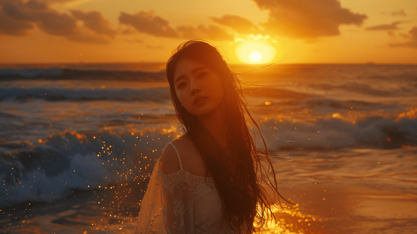Korean girl in the beach, beautiful sunset, cozy light, fujifilm