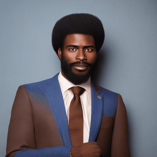 High resolution photography of an afro american, handsome man around 30 years, looking in the camera , he is wearing a brown suit, short hairs, a trimmed short beard, background a blue wall
