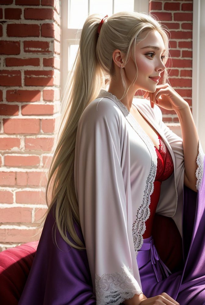 Elizabeth olsen close up portrait, smiles discreetly, platinum blonde ponytail hair, dressed in an violet open robe and red lace underwear, sitting on the sofa, window and sunshine on the background