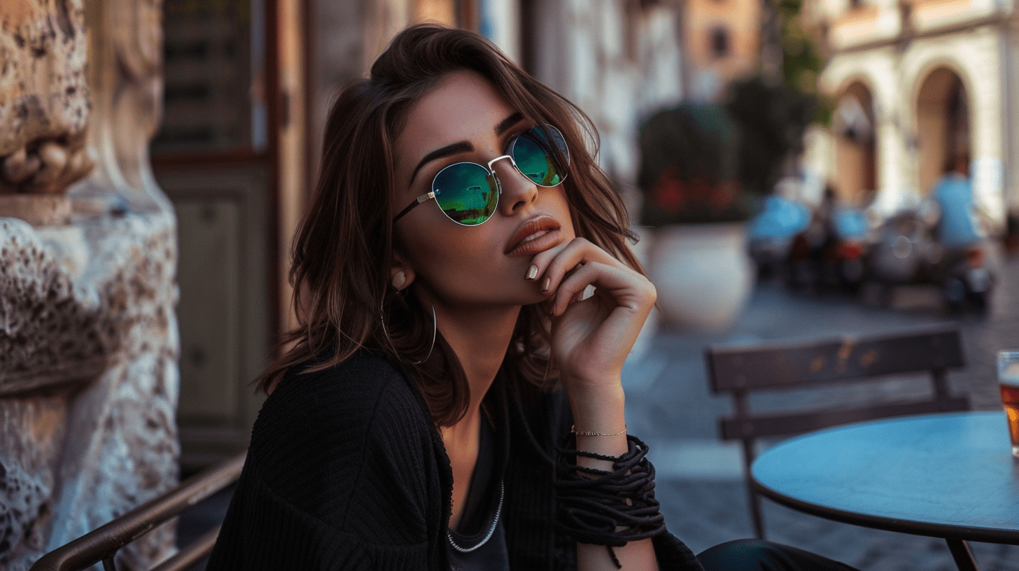 A beautiful italian girl, mid twenties, sitting outside at a cafe in rome near the trevi fountain, enjotying a coffee. Wearing gaultier and channel clothing, with ray ban sunglasses --ar 16:9 --s 50 --v 6. 0