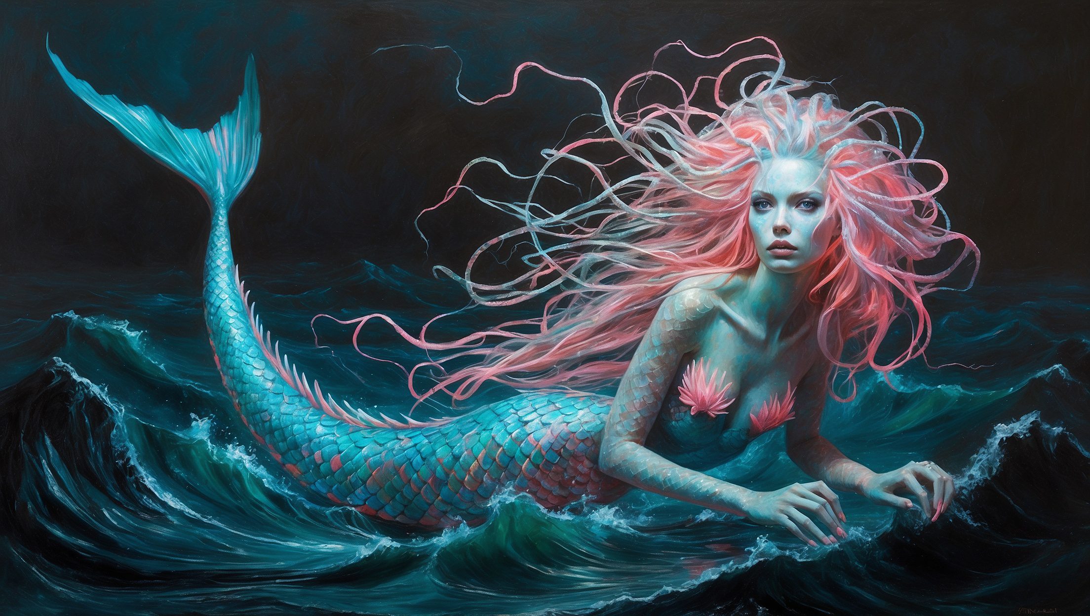 A twisted, shimmering mermaid with serpentine hair cascading in neon hues, captured in a mesmerizing oil painting. Her opalescent scales glow with an otherworldly sheen, contrasting against the dark, turbulent waters she emerges from. The artist expertly captures the creature's haunting beauty, from her unblinking eyes to the delicate webbing between her fingers. The painting practically comes to life, exuding an eerie yet enchanting aura.