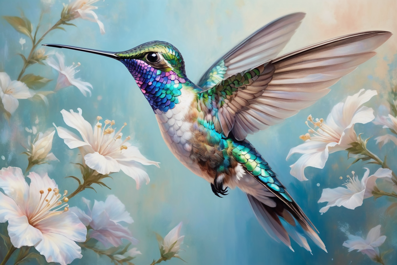 A vibrant hummingbird with iridescent feathers is depicted in flight, hovering near some white flowering plants, the background is gentle and washed with hues of light blue and white, giving the scene a serene atmosphere