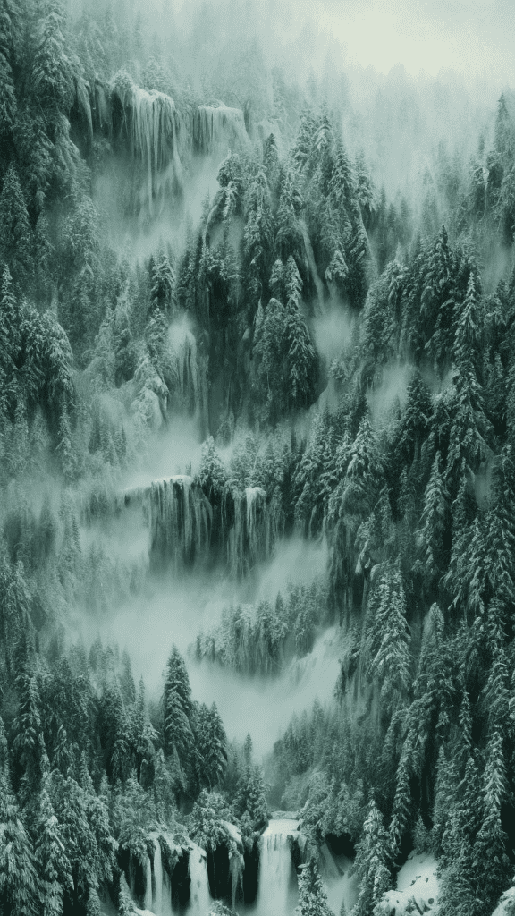 Winter landscape, green color, bokeh, the waterfall, fog over the lake, insanely detailed and intricate, hyper maximalist, elegant, ornate, hyper realistic, super detailed