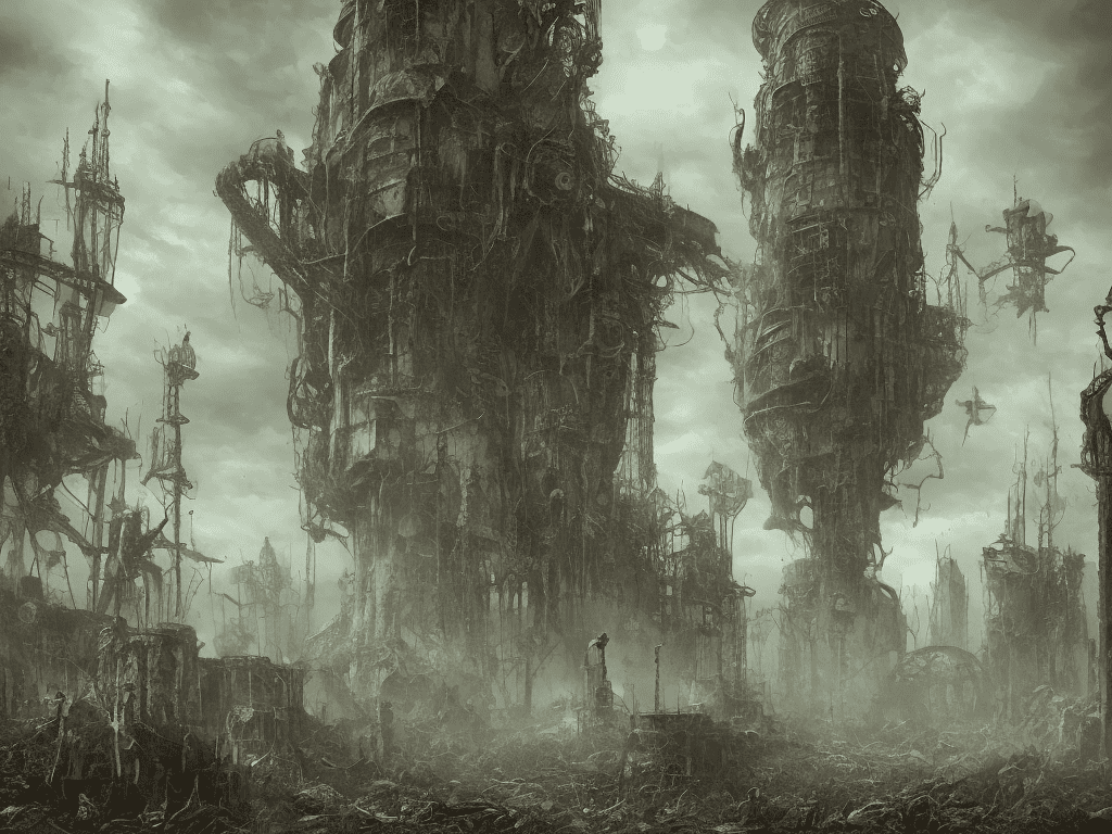 Ghoul in a post apocalipse landscape. Steampunk style. Hyper realistic