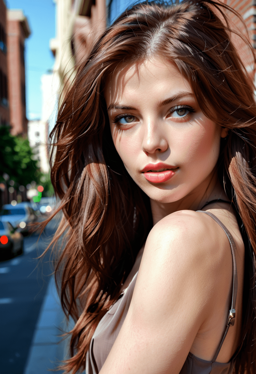 Photograph of a 28 year old woman, from the side, long dark-auburn hair flowing over her shoulders, light-colored perfect eyes, full lips with light-colored lipstick, perfect skin, head turned to stare at the viewer, mouth slightly open, light blush on her cheeks, wearing a sleeveless blouse, outside on a warm sunny day, bustling city in the background, uhd, hdr, f/1, hyperreallistic, highly detailed skin