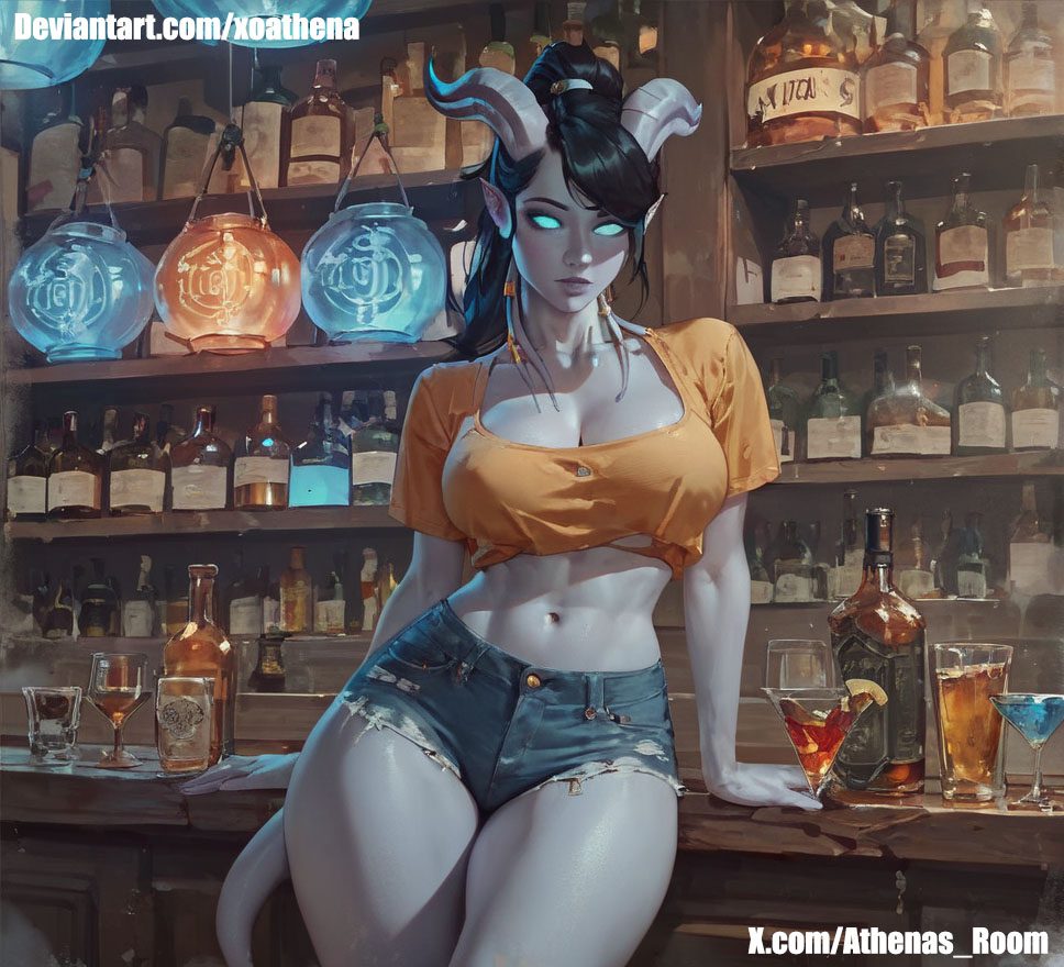 1girl, draenei, ponytail, (white skin:1. 3) , black hair, semi-realistic, front view, far view, (short shorts) , ((denim shorts) ), sexy pose, yellow sexy blouse, big breasts, blue glow eyes, bar background negative prompt: extra fingers, bad hands, bad anatomy, missing limbs, poorly drawn hands, deformed, mutated, too many fingers, extra limbs, mutant, body horror, dick, sex, nsfw