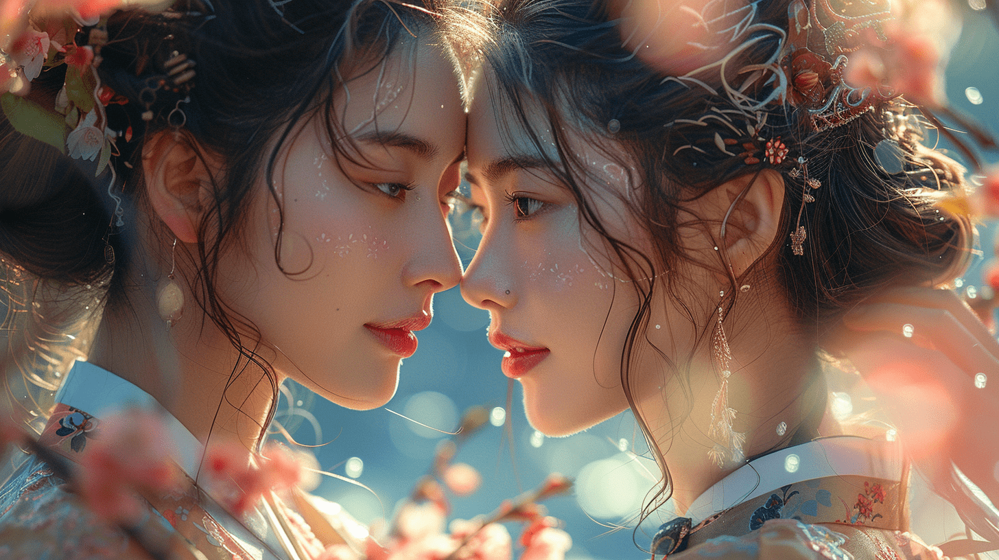 Set in the joseon period two korean girls, kissing, realistic, photography effects, light gauze, hanfu, joseon architecture, buildings, house, cherry blossoms, close up, --ar 16:9 --stylize 750