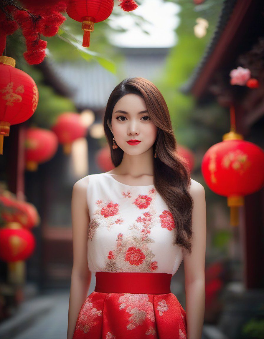 Girl stands in a red flower surrounded street, in the style of chinese cultural themes, romantic and nostalgic themes, panasonic lumix s pro 50mm f/1. 4, light white and light amber, transparent/translucent medium, elegant , embroidery --ar 1:2 --stylize 750 --niji 6