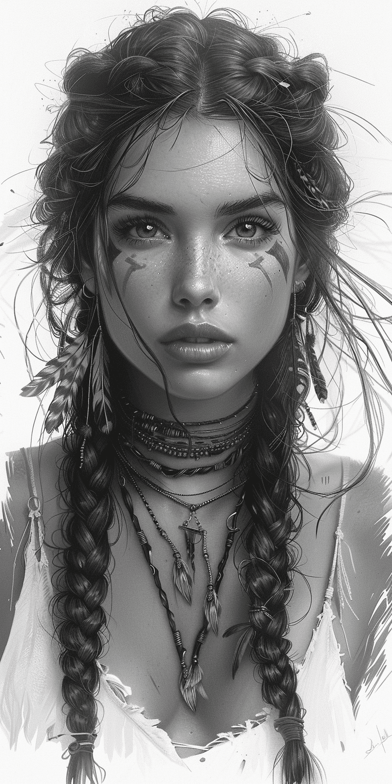 A black and white pencil drawing of an attractive woman with braided hair, warrior goddess, feathers in her long hair, tribal tattoos on her face, white background, high contrast, hyper-realistic, cinematic lighting, pencil sketch style, artstation --ar 1:2 --stylize 750