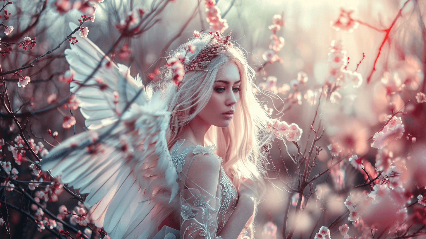 In the middle of a chinese cherry blossom forest is a beautiful bohemian fairy with wild long blonde windblown hair and stunning wings bathing in the godrays that break through the branches of the trees --ar 16:9 --style raw --stylize 50