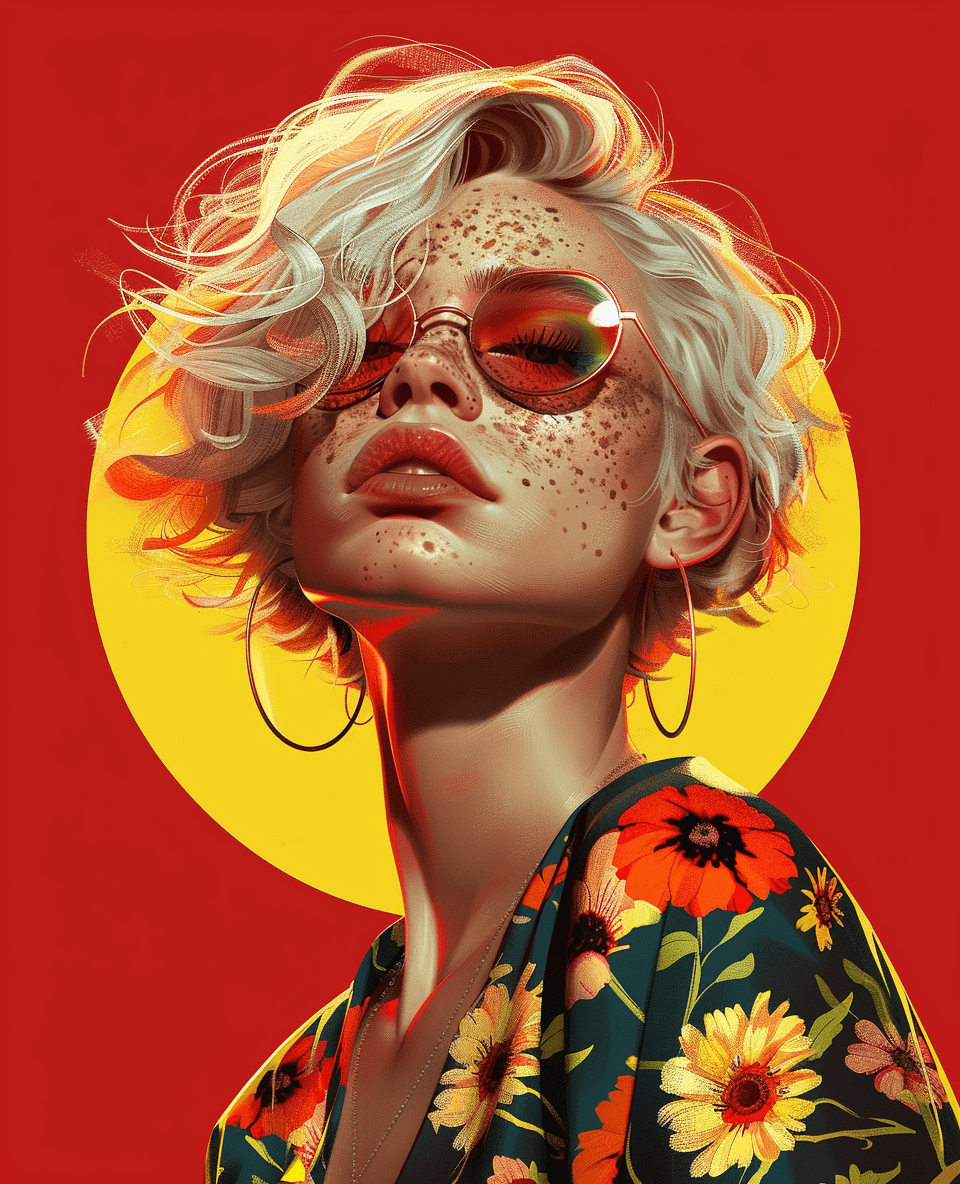 In the style of rossdraws, a vibrant, dynamic, fantasy-inspired, colorful portrait of an attractive woman with short blonde hair and freckles wearing glasses and a floral pattern top. Vibrant colors and bold outlines with a pop art influence. A red background with a yellow sun in the foreground. --ar 35:43 --v 6. 0