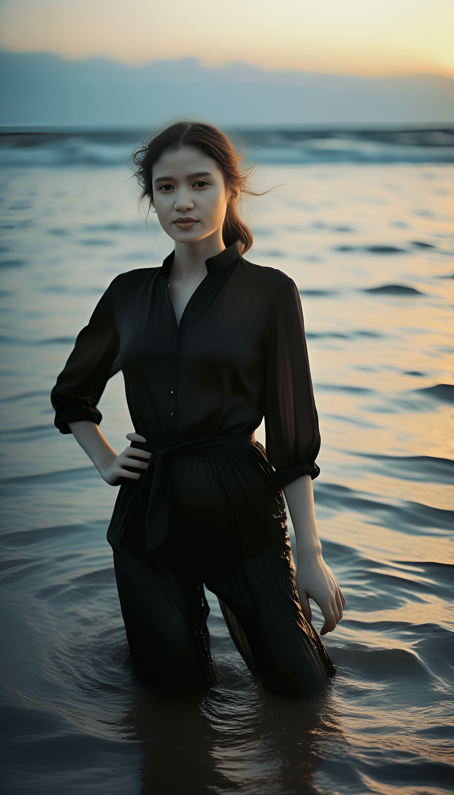 Woman in black walking in the water, in the style of ethereal escapism, elegant, emotive faces, melancholic self-portraits, sharp focus, his feet were in sea water up to his thighs and could not be seen because they were covered by sea water , soft-edged --ar 37:36 --stylize 750 --v 5. 2, sun light, sunset